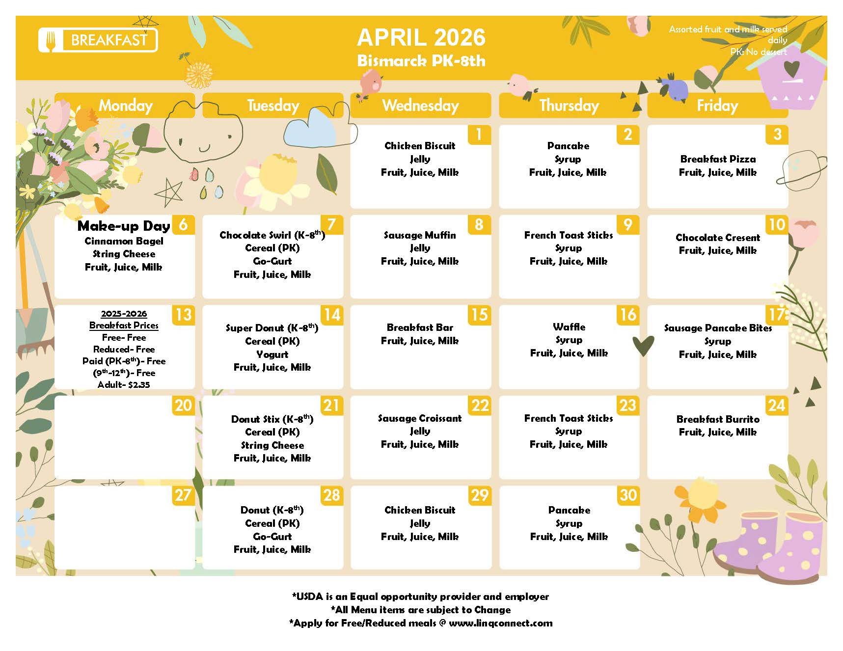 PreK - 8th April Breakfast menu